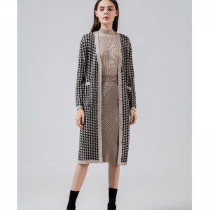 Módní příležitostné Joker QianbirdCheck vlněné pletené dlouhý svetrový kabát 69069n